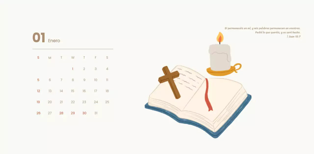 Un calendario devocional con acogedoras ilustraciones y versículos bíblicos sobre fondo azul claro
