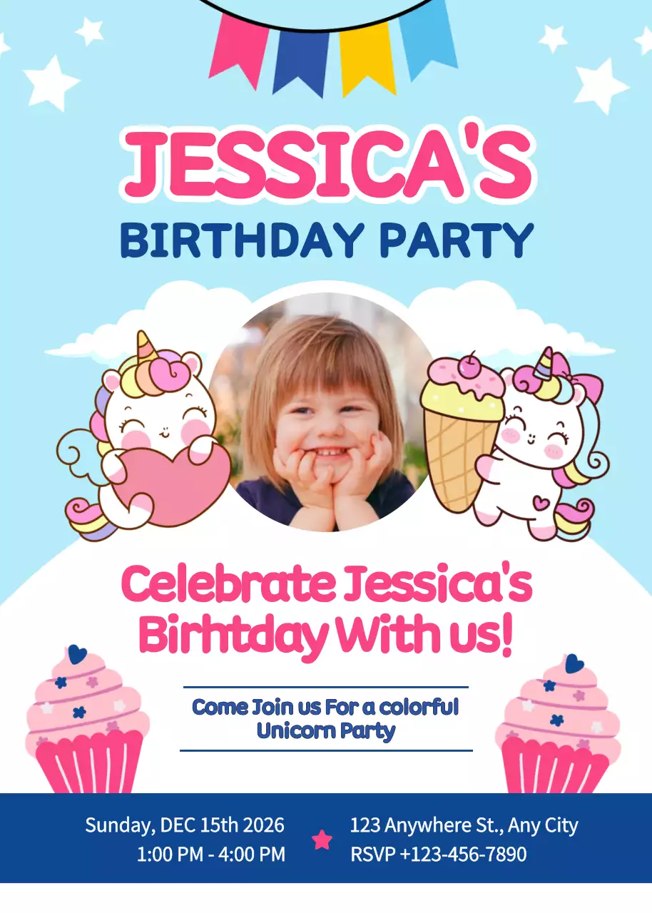 Thiệp mời tiệc sinh nhật kỳ lân hồng dễ thương