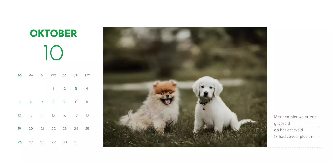 Een kalender met een puppyfoto en een schattige boodschap in groene accentkleur