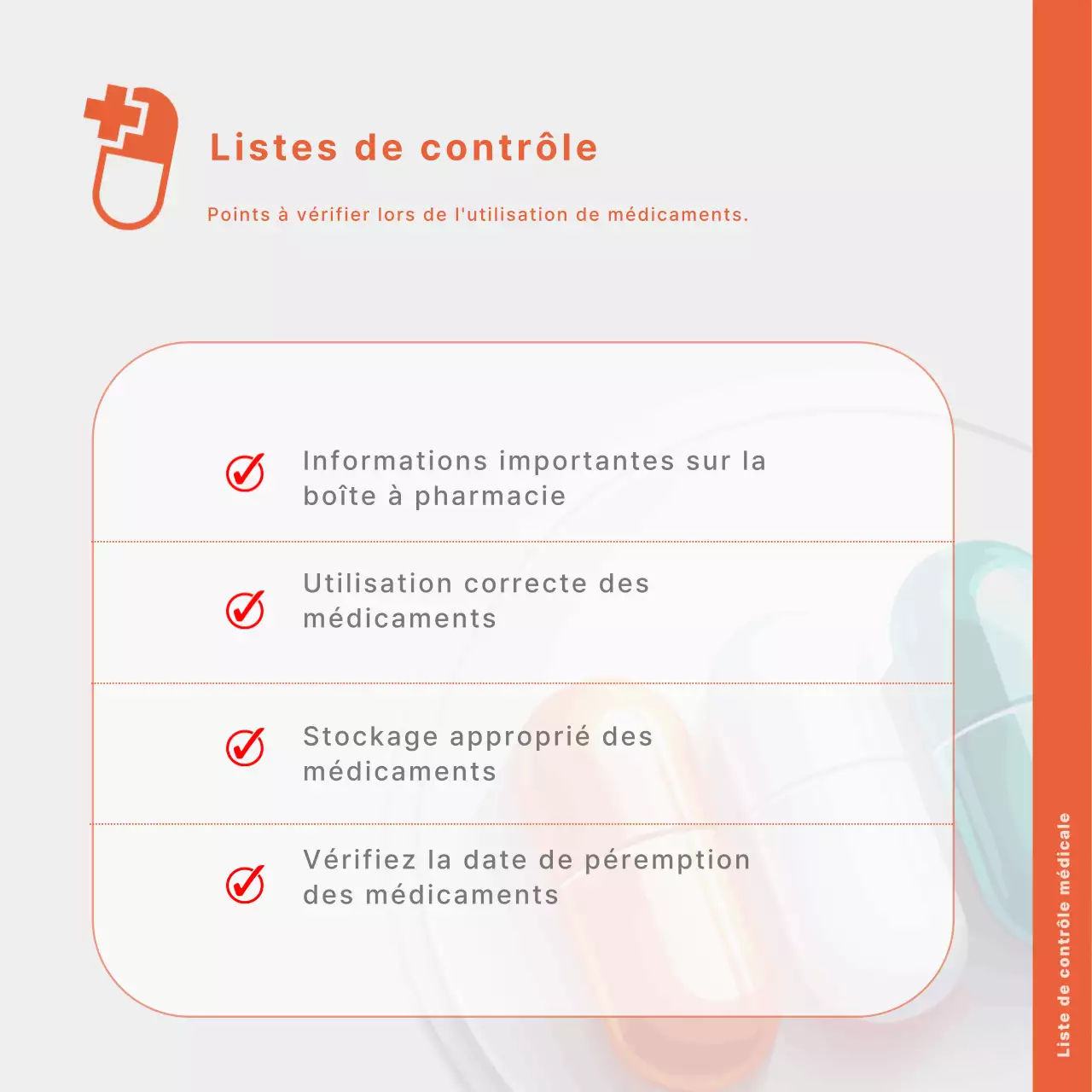 Un guide simple, en orange, pour utiliser correctement les médicaments