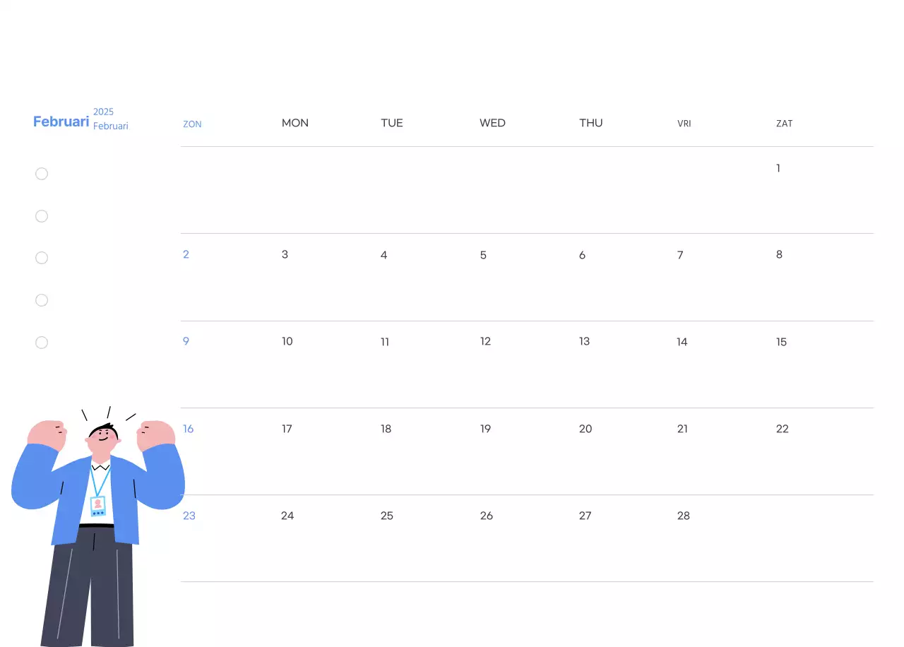 Motiverende kalender met energieke illustraties en positieve citaten op een lichtblauwe achtergrond