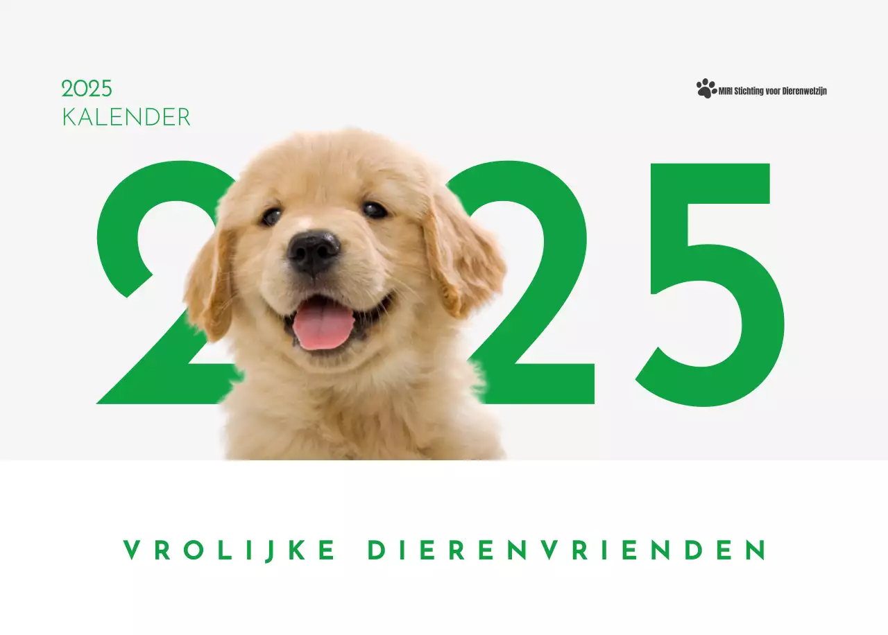 Een kalender met een puppyfoto en een schattige boodschap in groene accentkleur
