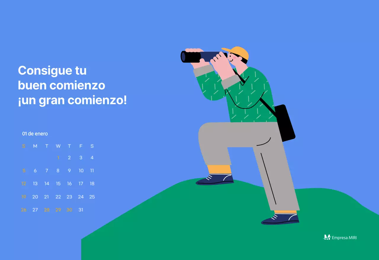 Calendario motivacional con ilustraciones llenas de energía y citas positivas sobre fondo azul claro