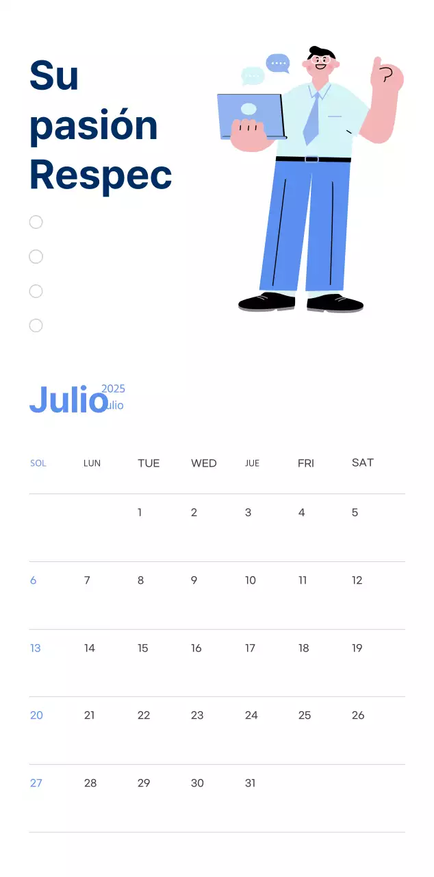 Calendario motivacional con ilustraciones llenas de energía y citas positivas sobre fondo azul claro