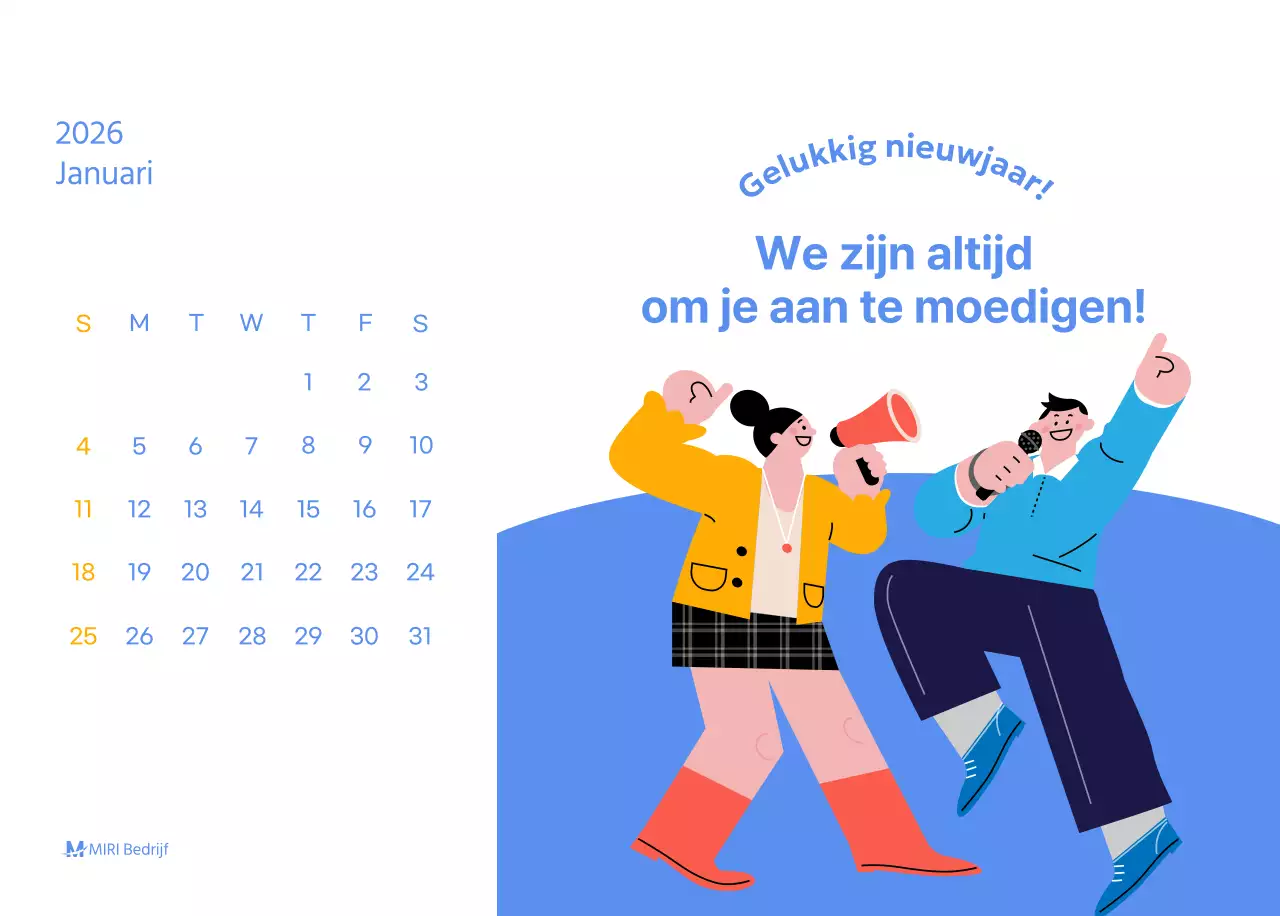 Motiverende kalender met energieke illustraties en positieve citaten op een lichtblauwe achtergrond
