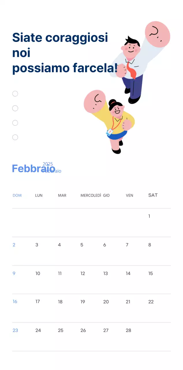 Calendario motivazionale con illustrazioni energetiche e citazioni positive su sfondo azzurro