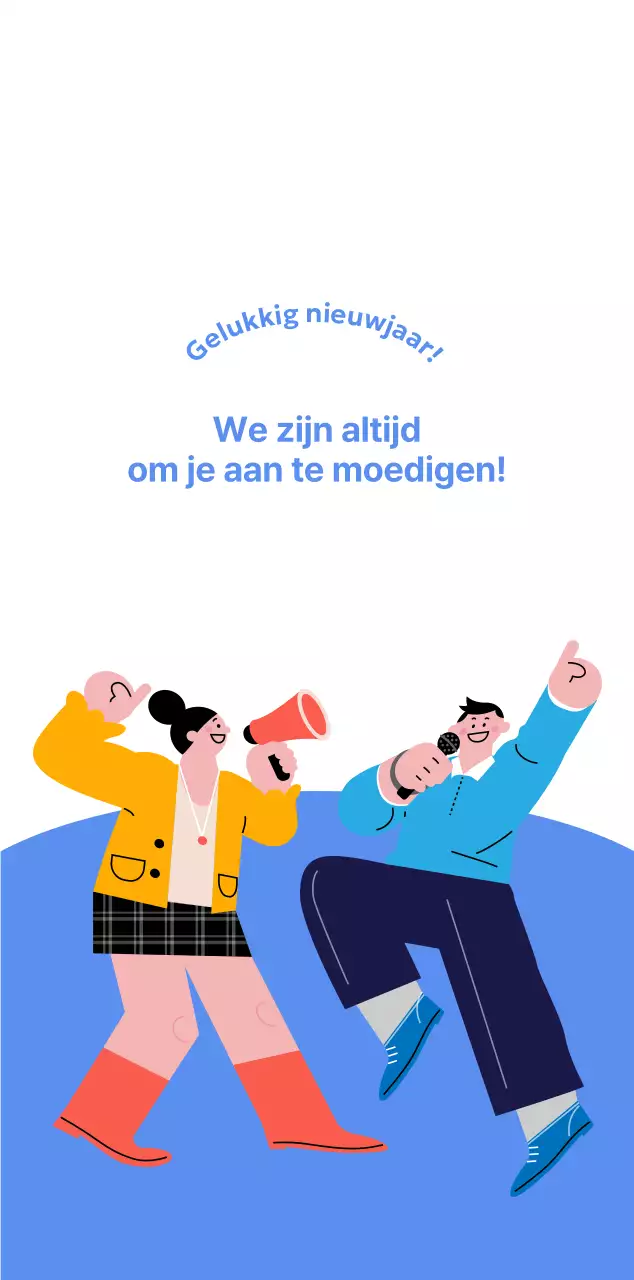 Motiverende kalender met energieke illustraties en positieve citaten op een lichtblauwe achtergrond