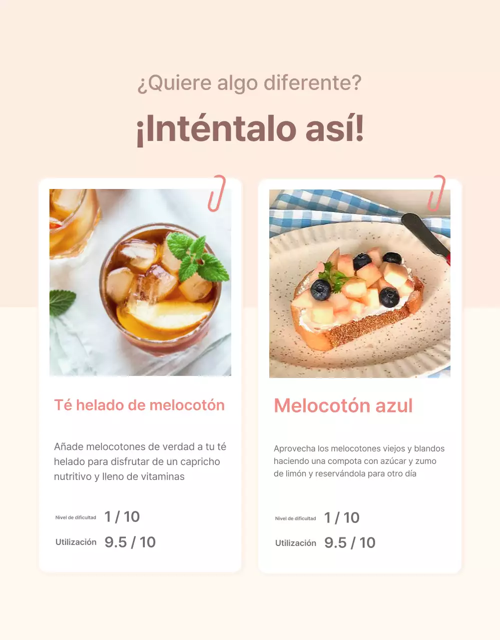 Promueva las opciones de melocotón fresco y los detalles del producto en un esquema de colores amarillo y rosa limpio.