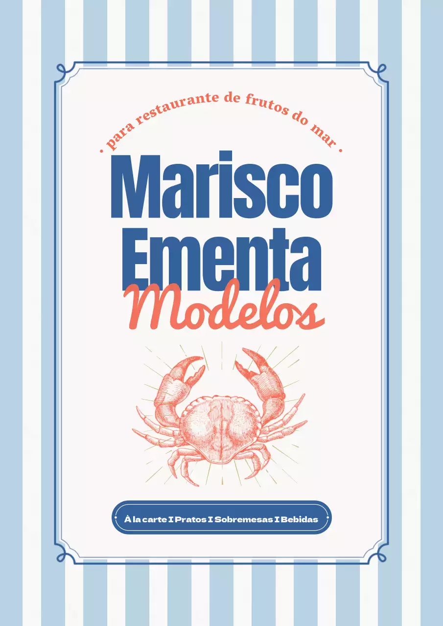 Uma coleção de placas de menu de marisco vintage em azul claro e azul marinho.
