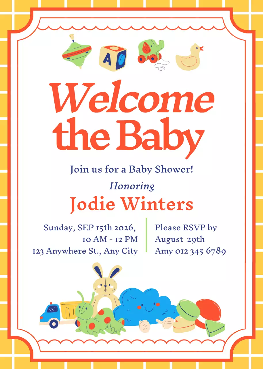 Thiệp mời tiệc mừng em bé màu vàng dễ thương