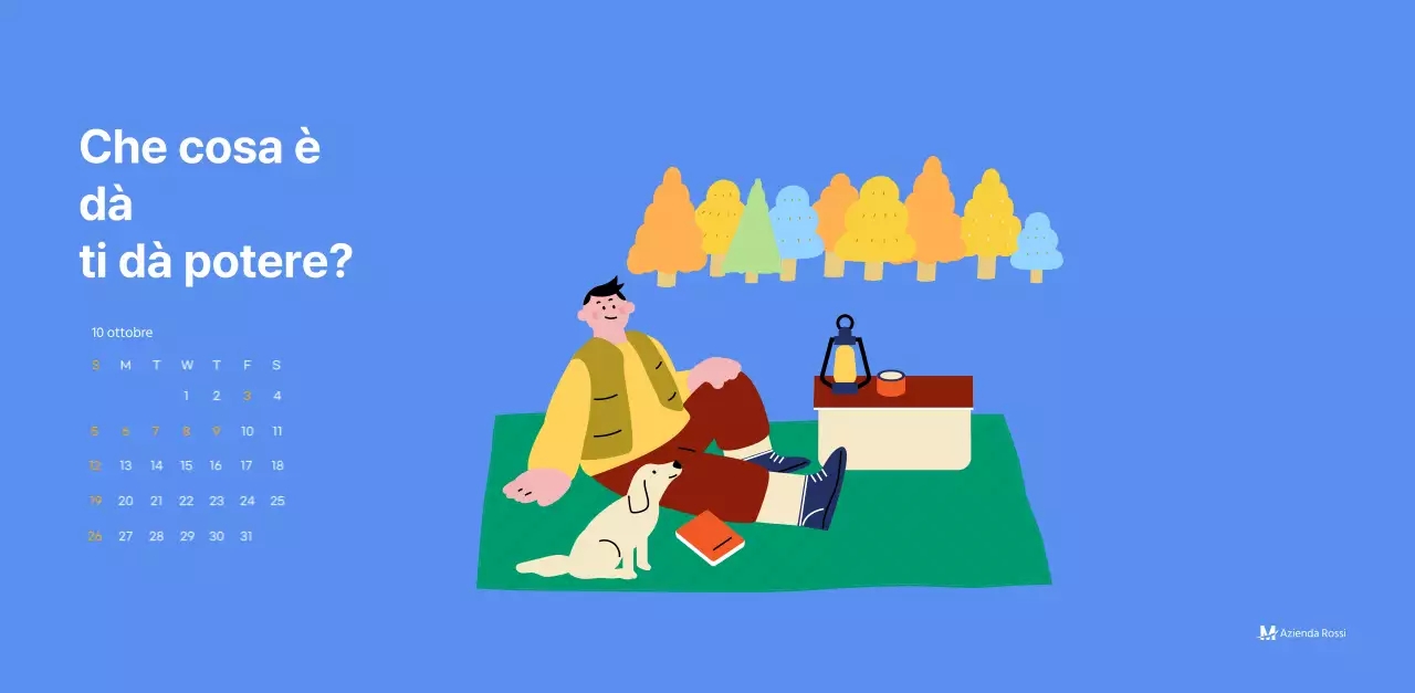 Calendario motivazionale con illustrazioni energetiche e citazioni positive su sfondo azzurro