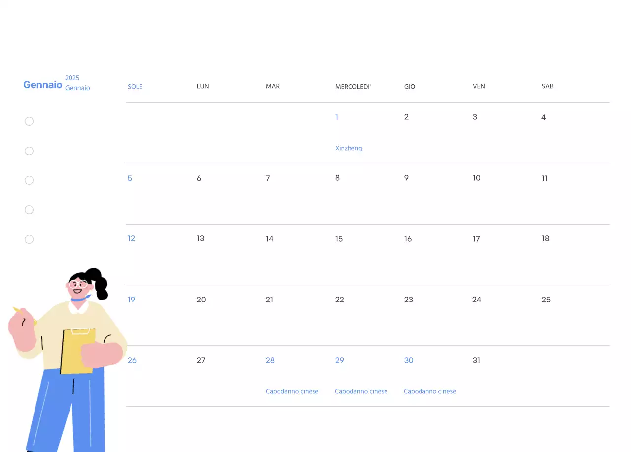Calendario motivazionale con illustrazioni energetiche e citazioni positive su sfondo azzurro