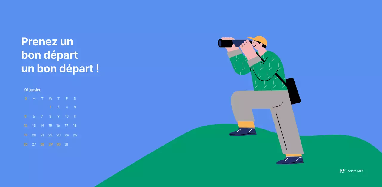 Calendrier de motivation avec des illustrations énergiques et des citations positives sur un fond bleu clair