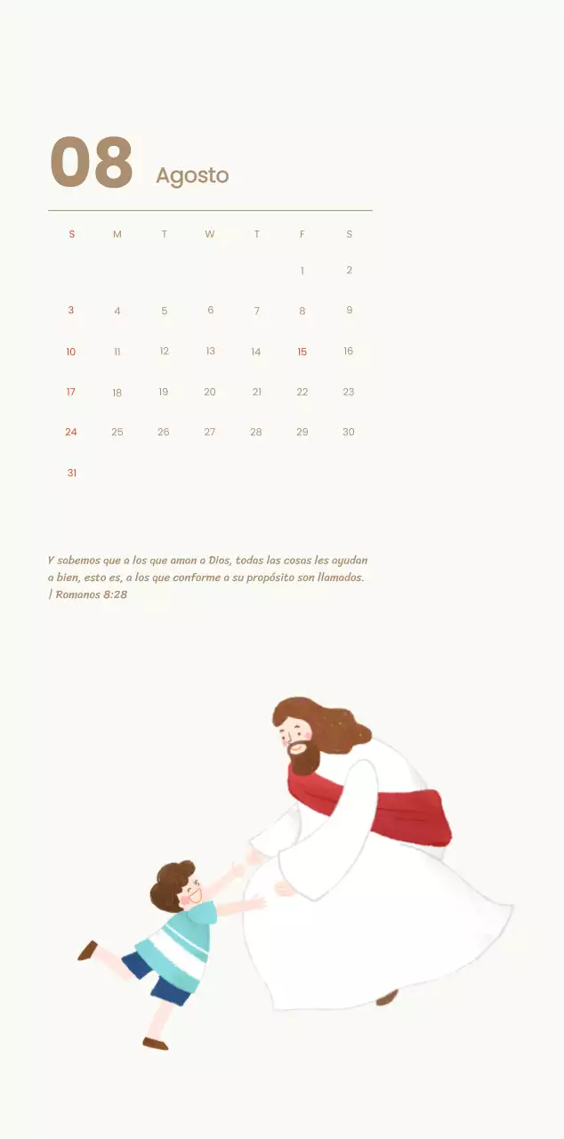 Un calendario devocional con acogedoras ilustraciones y versículos bíblicos sobre fondo azul claro