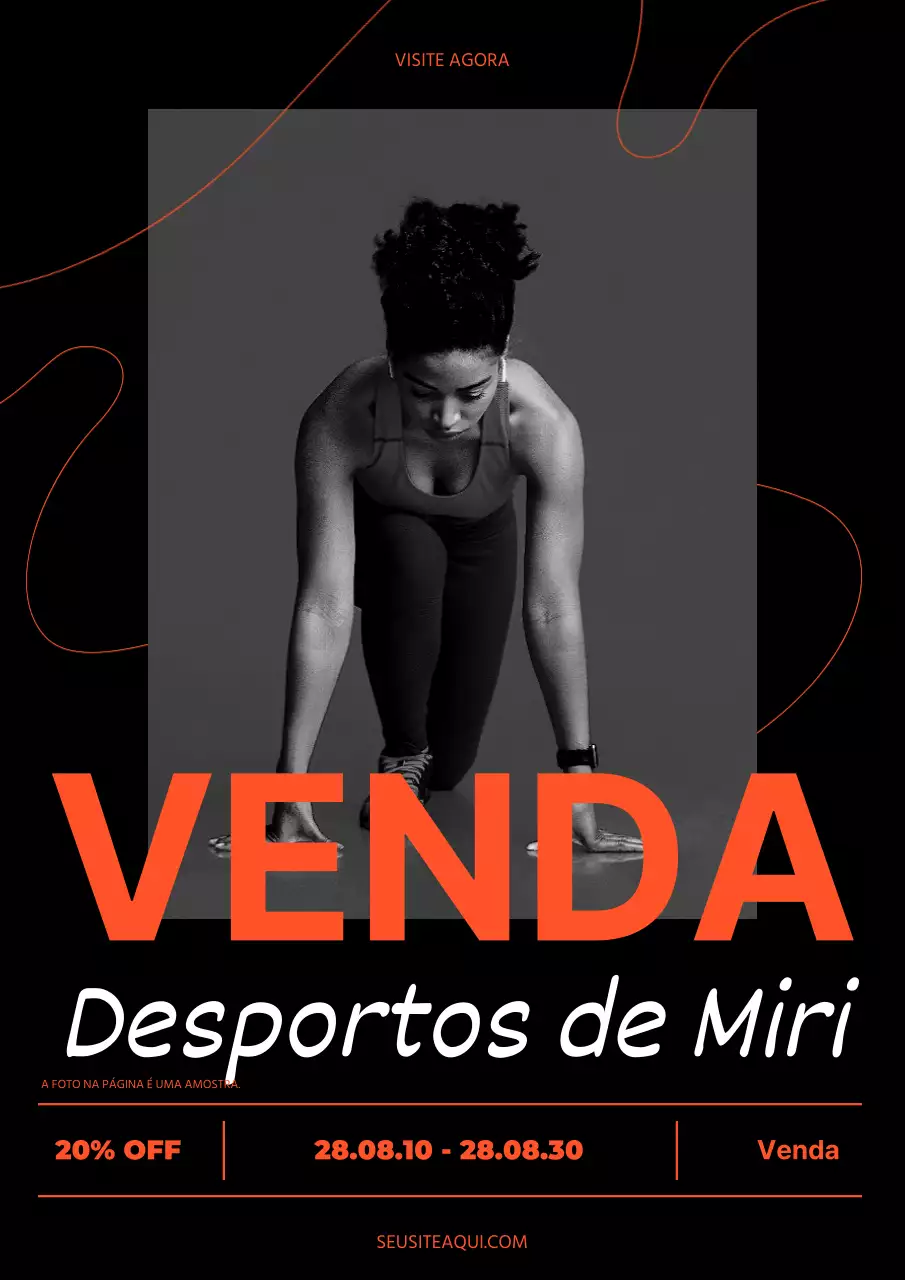 Anúncio de venda de roupa desportiva moderna em preto e laranja
