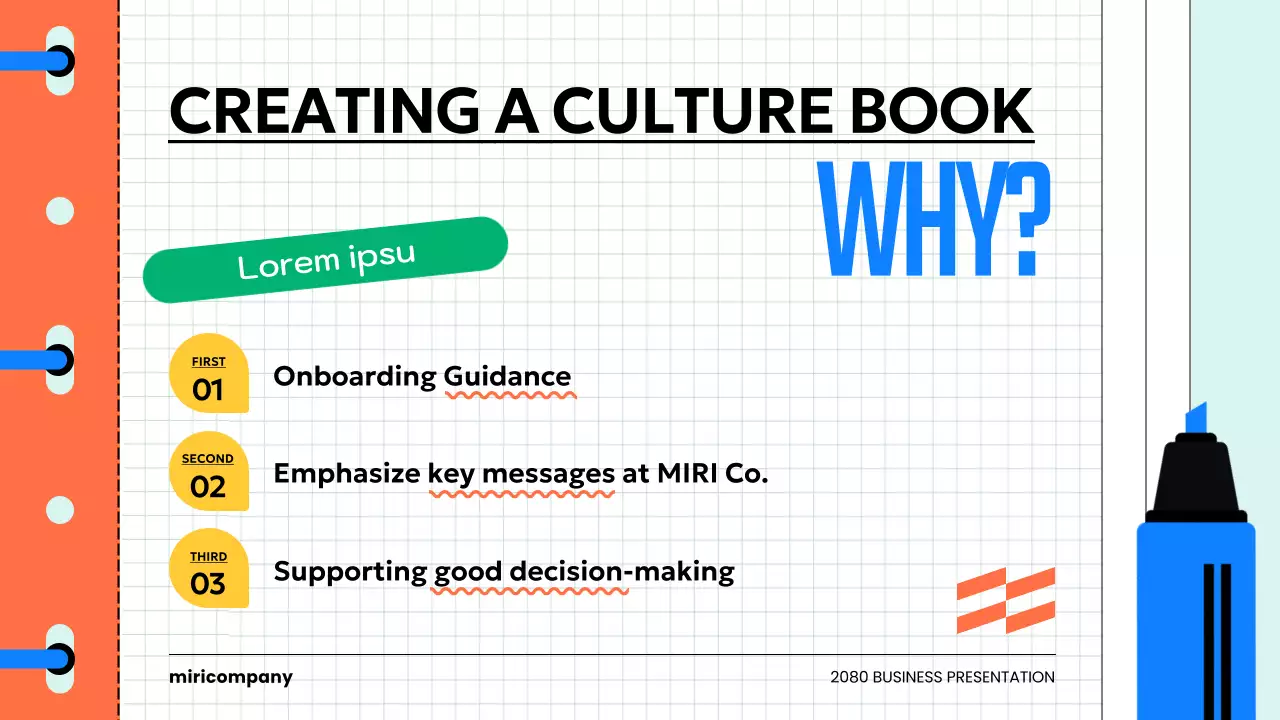 A kitschy corporate culture book introduction in light blue and orange