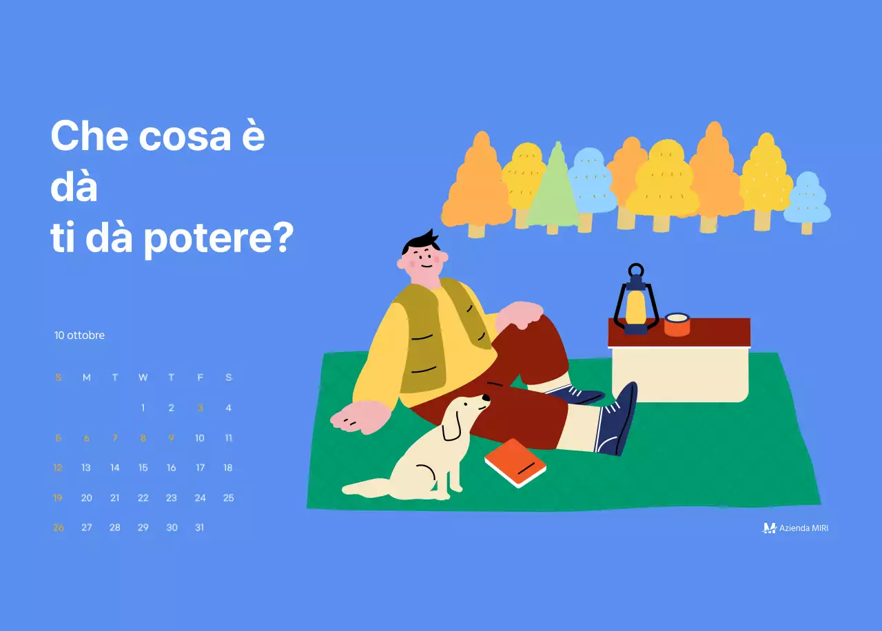 Calendario motivazionale con illustrazioni energetiche e citazioni positive su sfondo azzurro