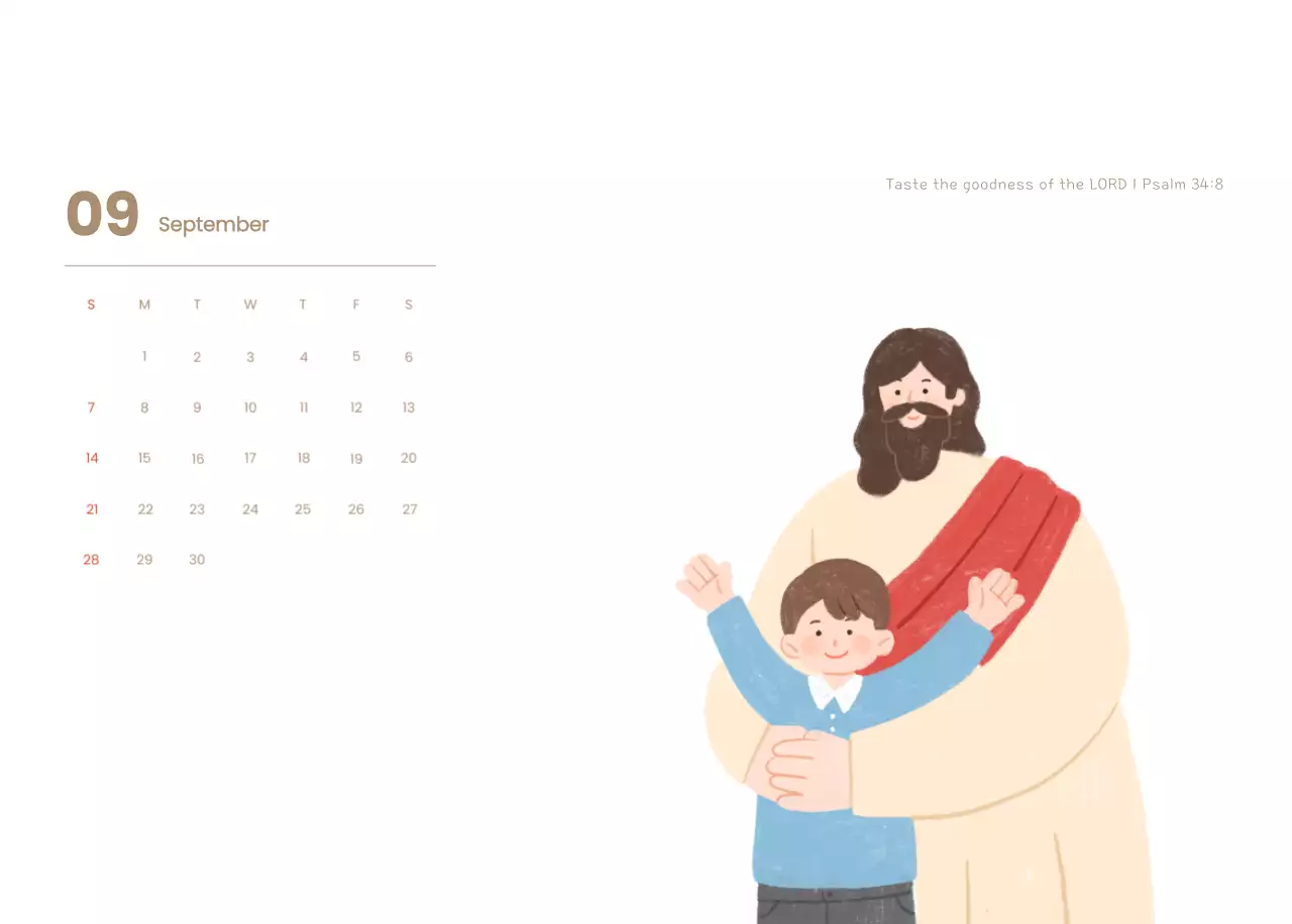Word calendar with cozy illustrations and Bible verses on a light blue background