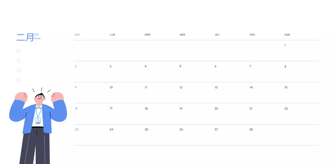 Calendrier de motivation avec des illustrations énergiques et des citations positives sur un fond bleu clair