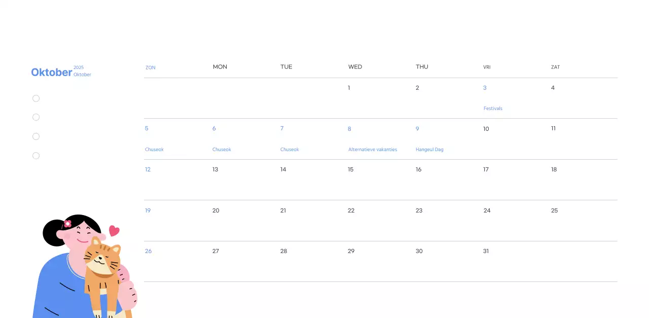 Motiverende kalender met energieke illustraties en positieve citaten op een lichtblauwe achtergrond