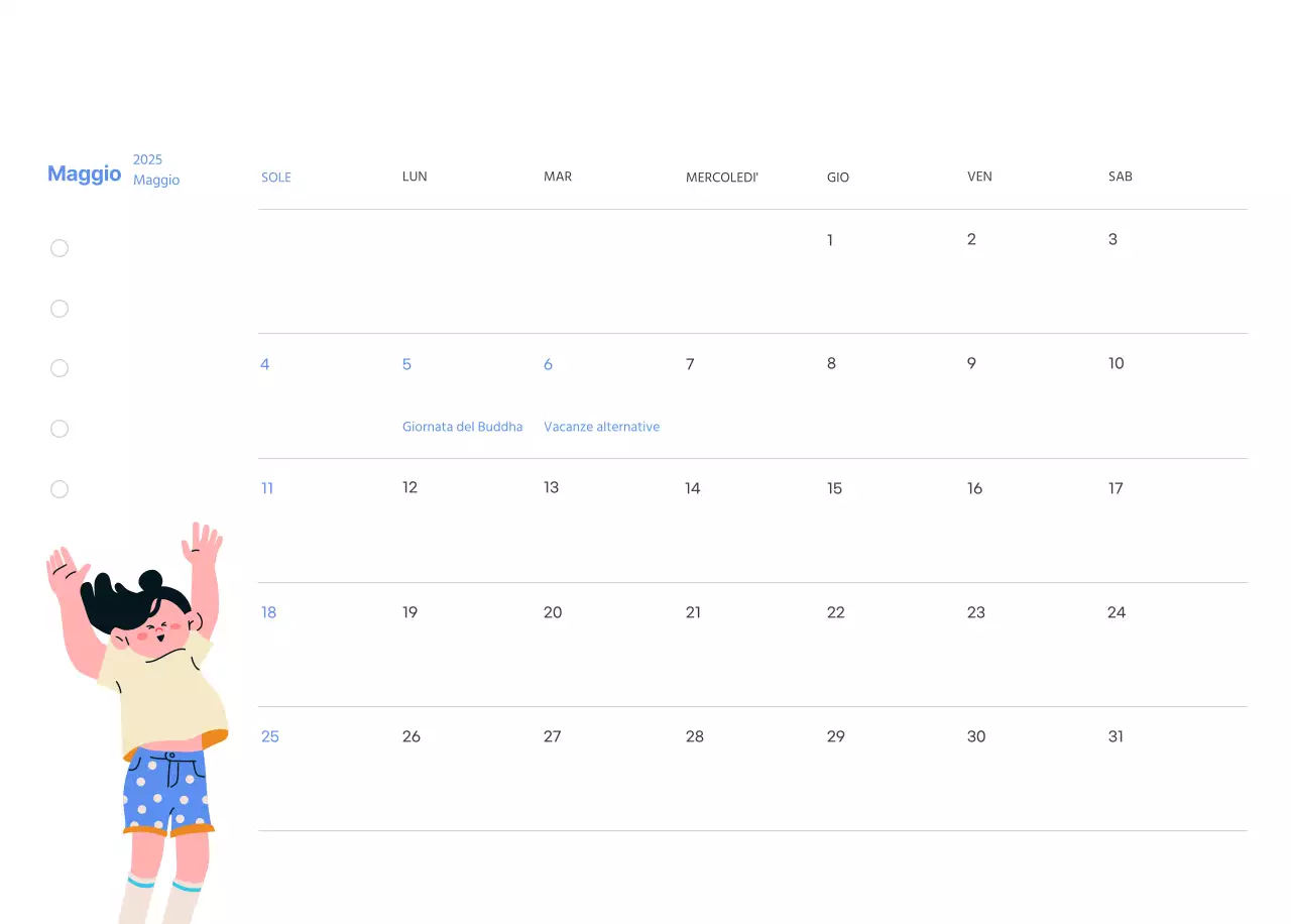 Calendario motivazionale con illustrazioni energetiche e citazioni positive su sfondo azzurro