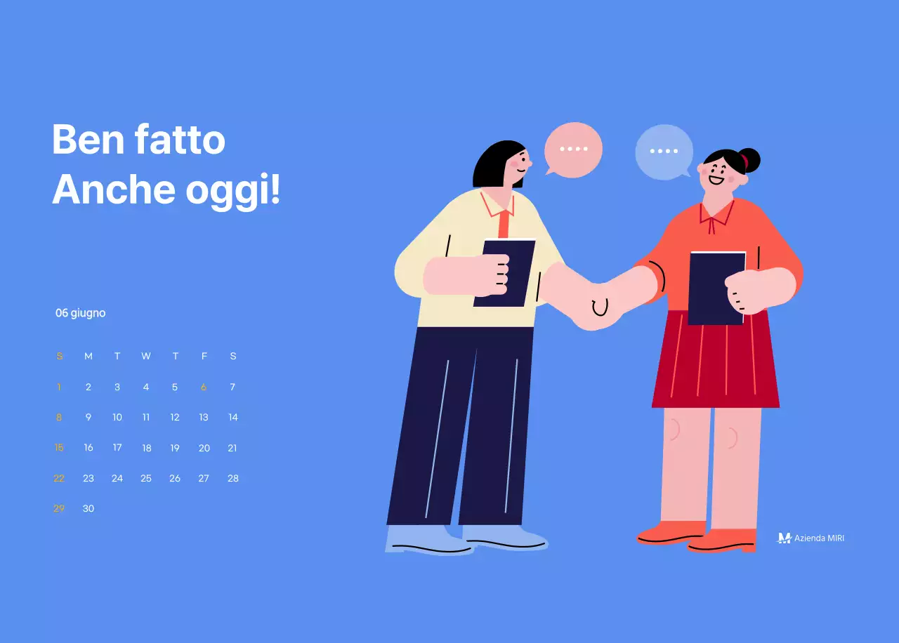 Calendario motivazionale con illustrazioni energetiche e citazioni positive su sfondo azzurro