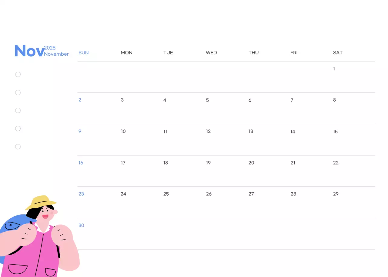 Motivational calendar with energetic illustrations and positive phrases on a light blue background