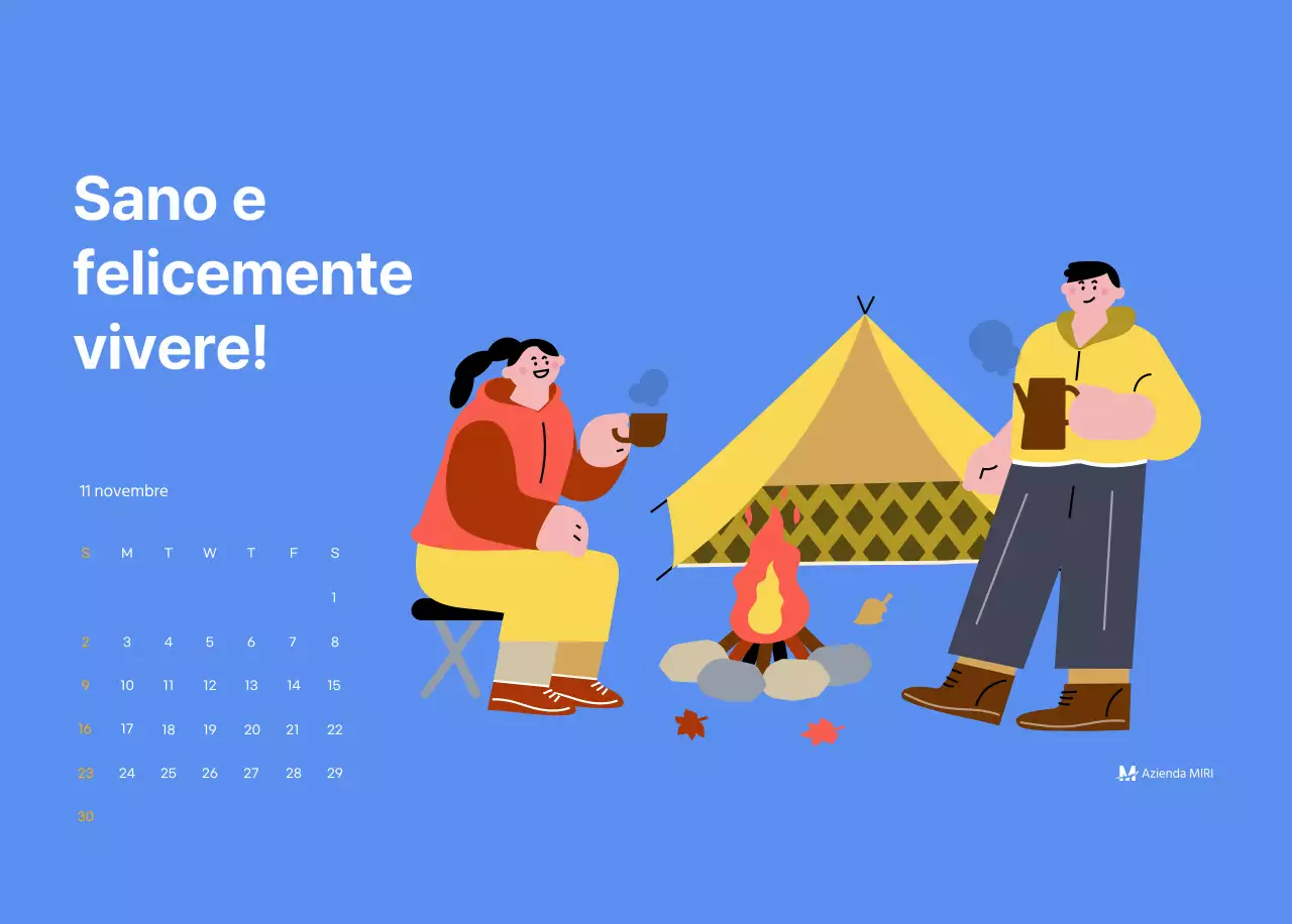 Calendario motivazionale con illustrazioni energetiche e citazioni positive su sfondo azzurro