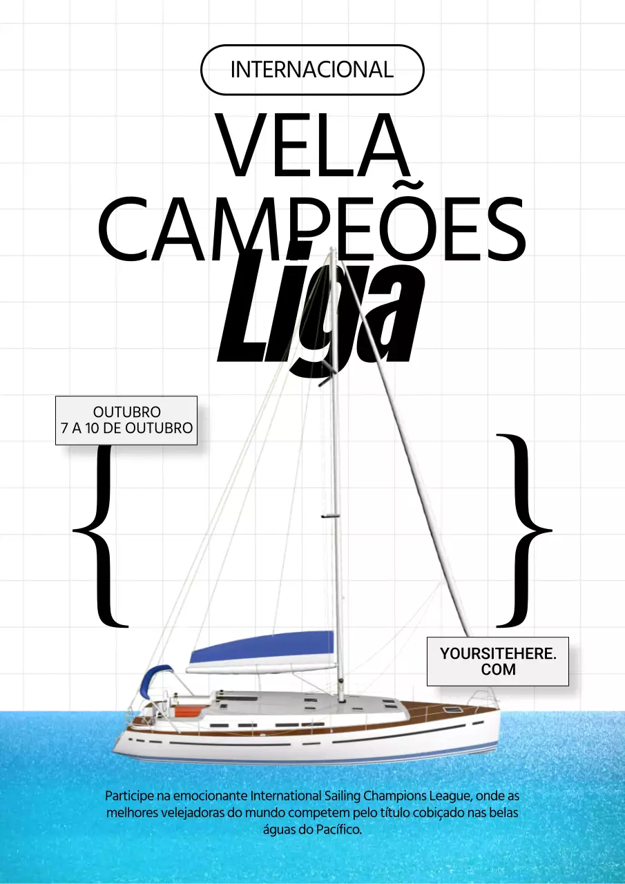 Anúncio de competição de vela de iate com detalhes em azul claro e branco