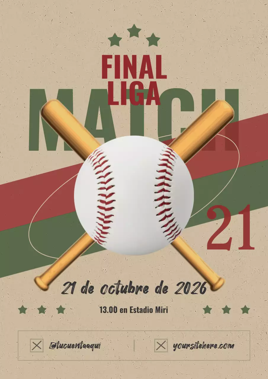 Anuncio retro de un partido de béisbol en beige y rojo