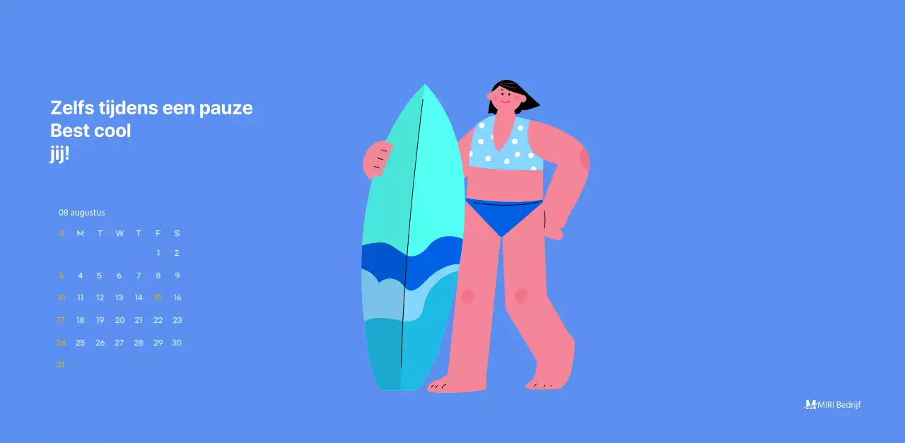 Motiverende kalender met energieke illustraties en positieve citaten op een lichtblauwe achtergrond