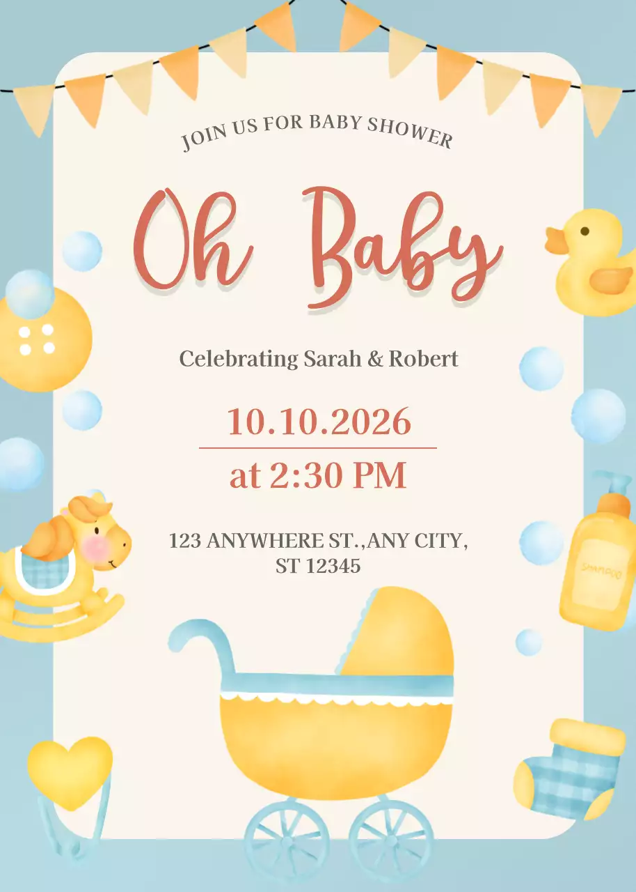 Thiệp mời tiệc mừng em bé màu xanh nhạt dễ thương