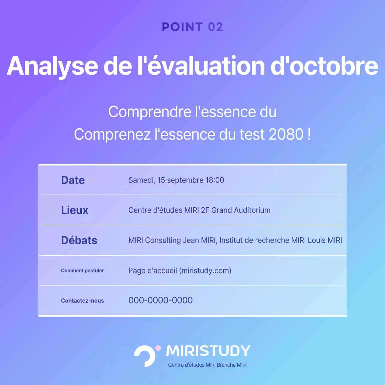 Promouvoir la séance d'analyse des tests fictifs inspirés de la cybernétique en violet et en bleu clair