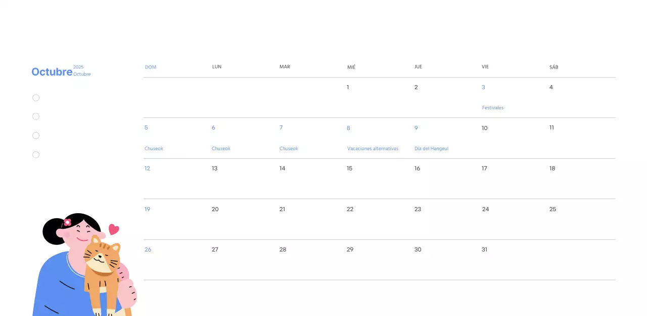 Calendario motivacional con ilustraciones llenas de energía y citas positivas sobre fondo azul claro