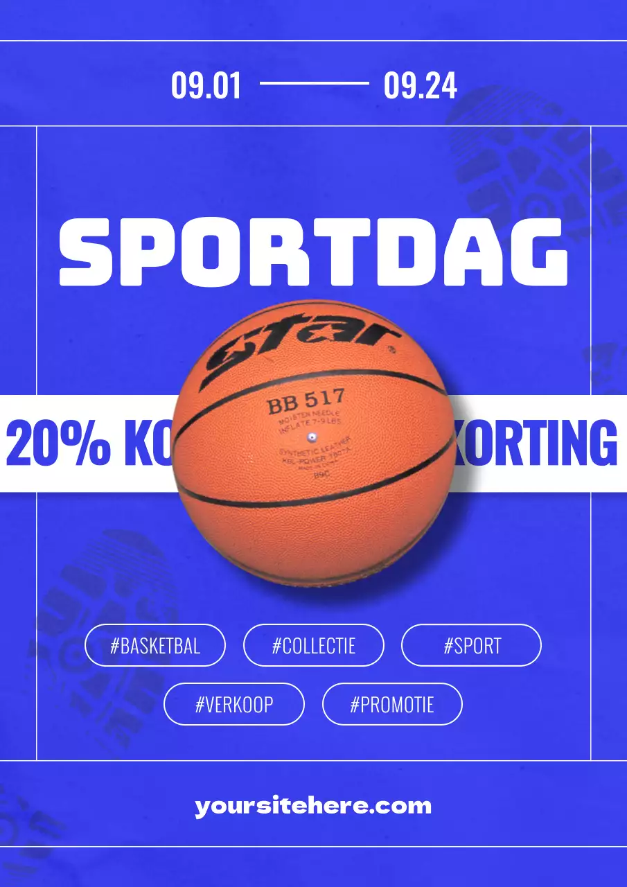 Kitscherige sportartikelenverkoopadvertentie in blauw en wit