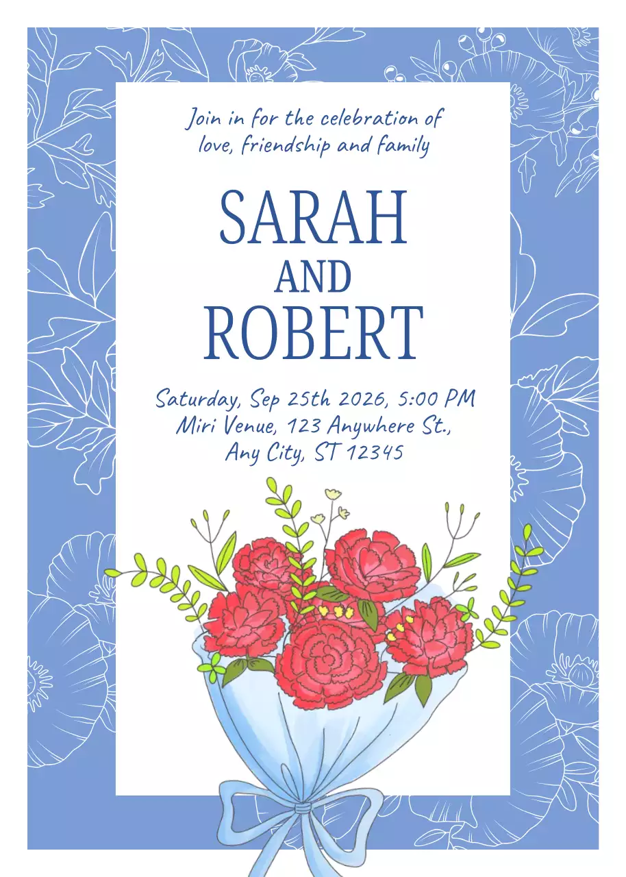 Convite de casamento floral azul
