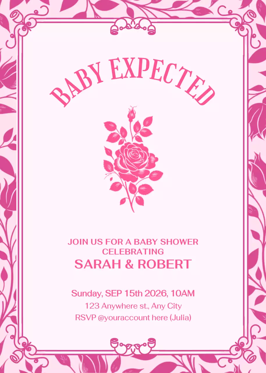 Thiệp mời tiệc mừng em bé sơ sinh màu hồng cổ điển