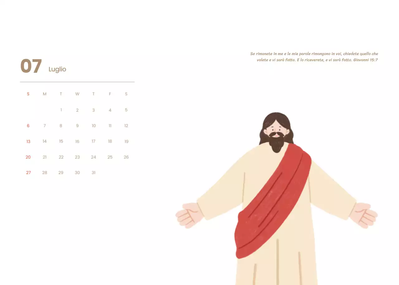Un calendario devozionale con illustrazioni accoglienti e versetti della Bibbia su uno sfondo blu chiaro