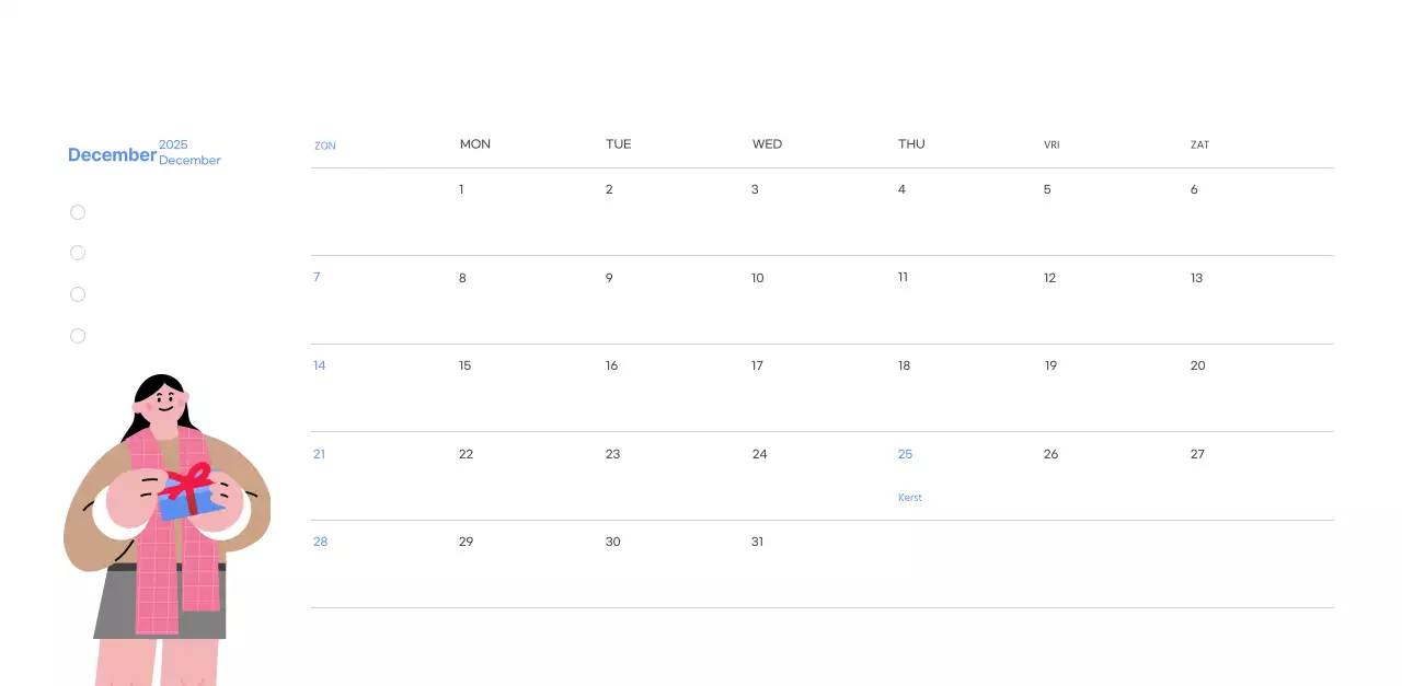 Motiverende kalender met energieke illustraties en positieve citaten op een lichtblauwe achtergrond