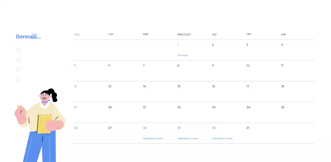 Calendario motivazionale con illustrazioni energetiche e citazioni positive su sfondo azzurro