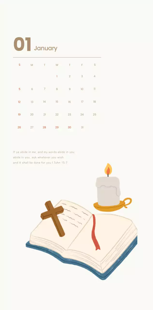 Word calendar with cozy illustrations and Bible verses on a light blue background