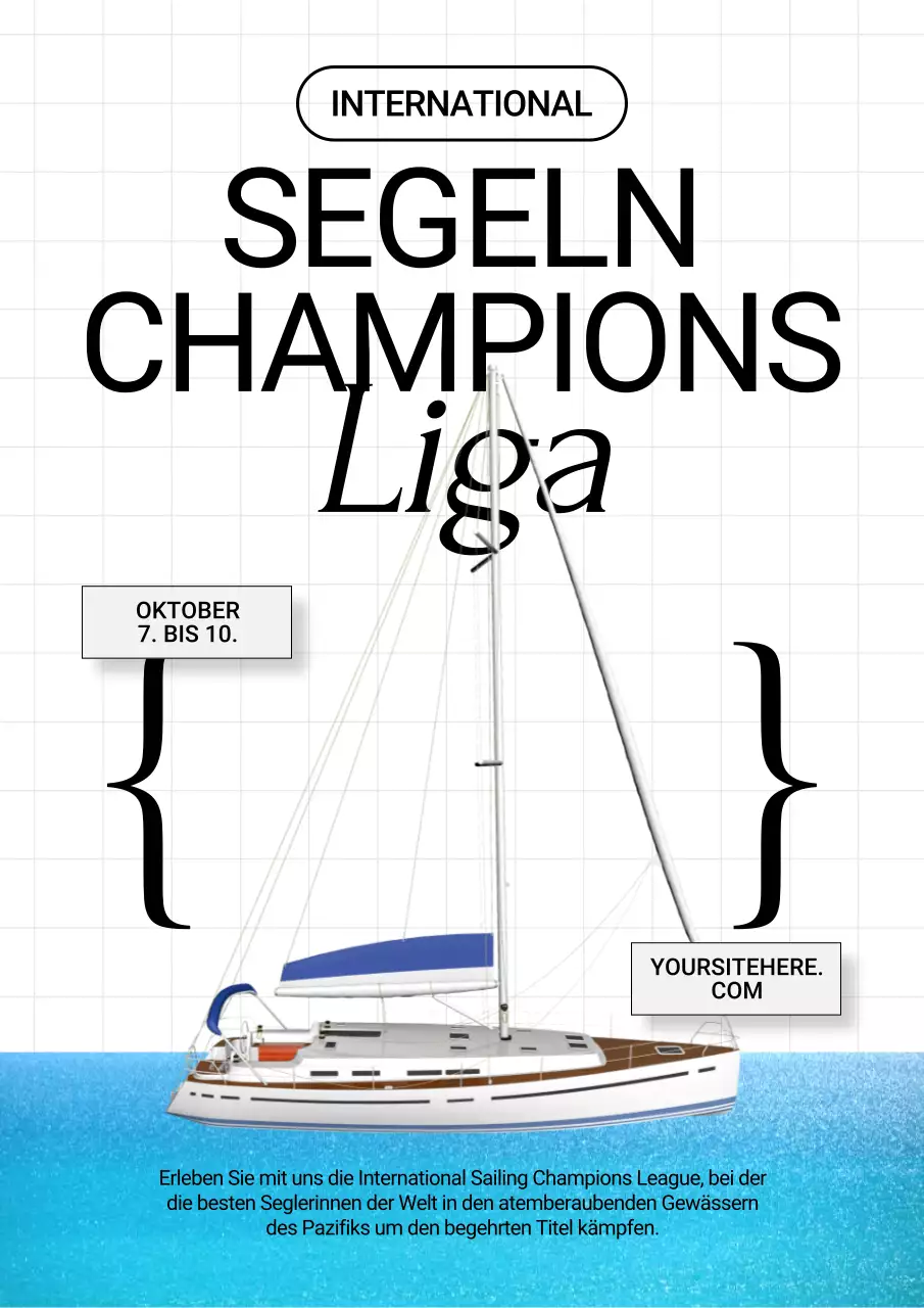 Werbung für einen Segelwettbewerb mit hellblauen und weißen Akzenten