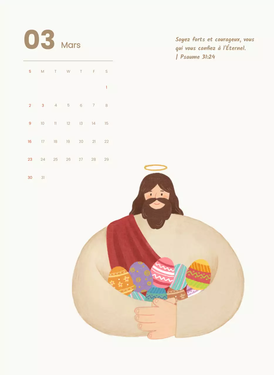 Un calendrier dévotionnel avec des illustrations douces et des versets bibliques sur un fond bleu clair.