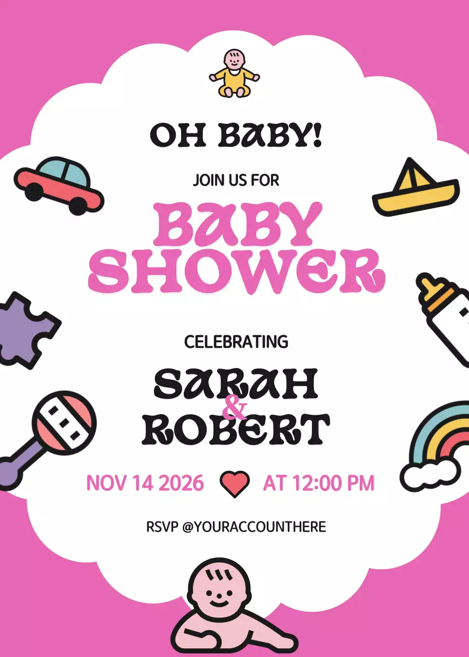 Thiệp mời tiệc mừng em bé màu hồng dễ thương