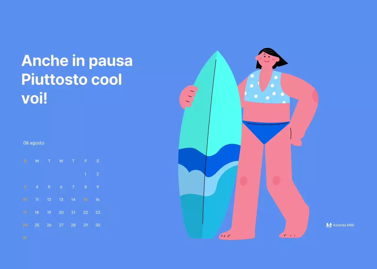 Calendario motivazionale con illustrazioni energetiche e citazioni positive su sfondo azzurro