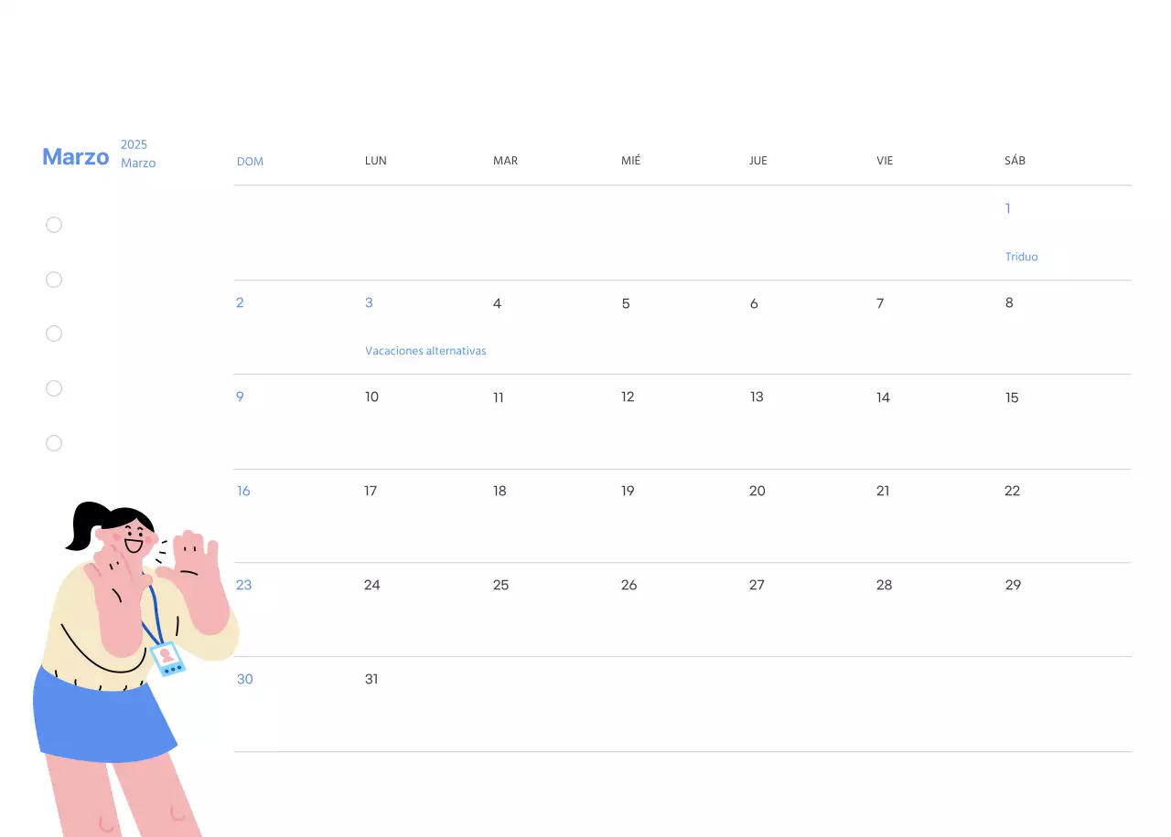 Calendario motivacional con ilustraciones llenas de energía y citas positivas sobre fondo azul claro