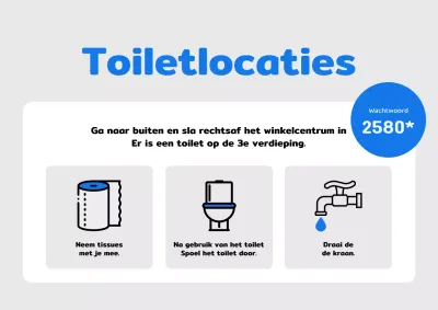 Beschrijf de locatie van schone, grijze en blauwe toiletten