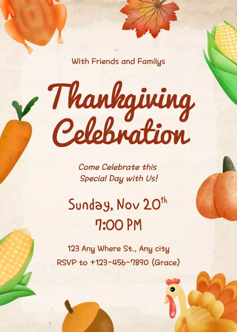 Lời mời mừng lễ Tạ ơn dễ thương màu cam
