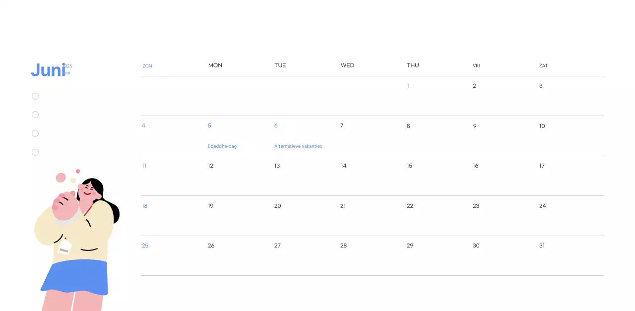 Motiverende kalender met energieke illustraties en positieve citaten op een lichtblauwe achtergrond