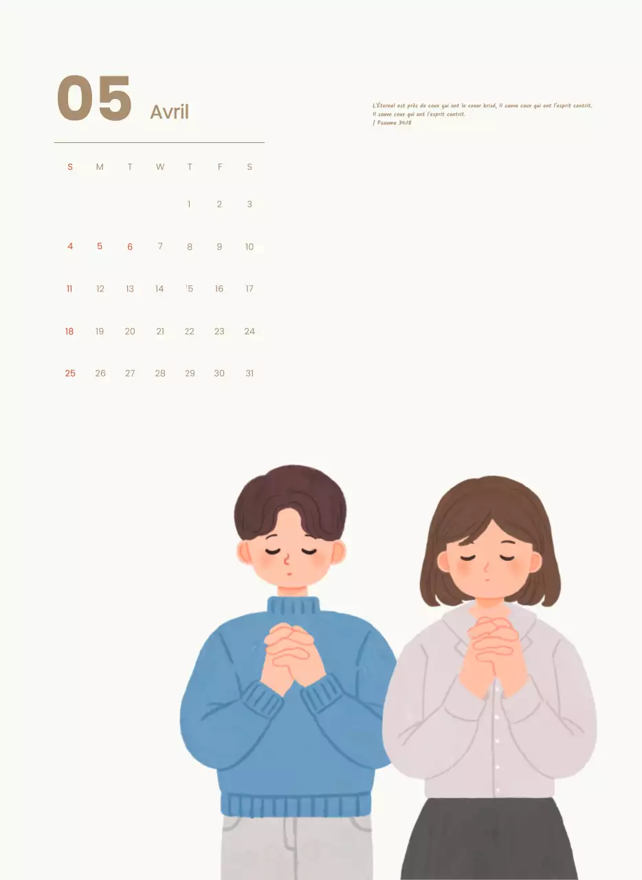 Un calendrier dévotionnel avec des illustrations douces et des versets bibliques sur un fond bleu clair.